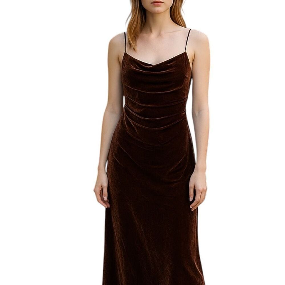 NWT Zara Brown Velvet Ruched Spaghetti Strap Maxi Dress Size XS